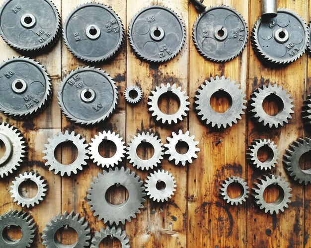 Photo directly above view of metallic gears on table