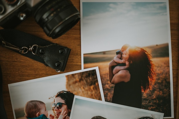 Photo directly above view of photographs on table