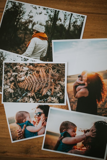 Photo directly above view of photographs on table