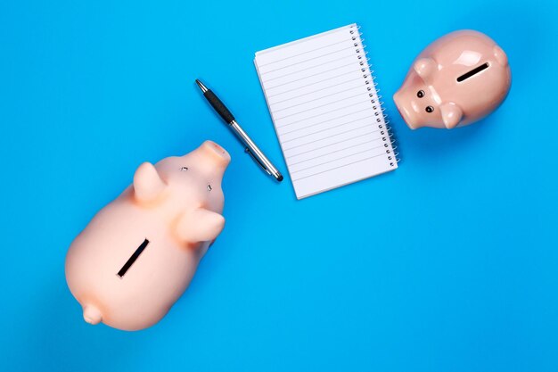 Directly above view of piggy banks by pen and book over blue background