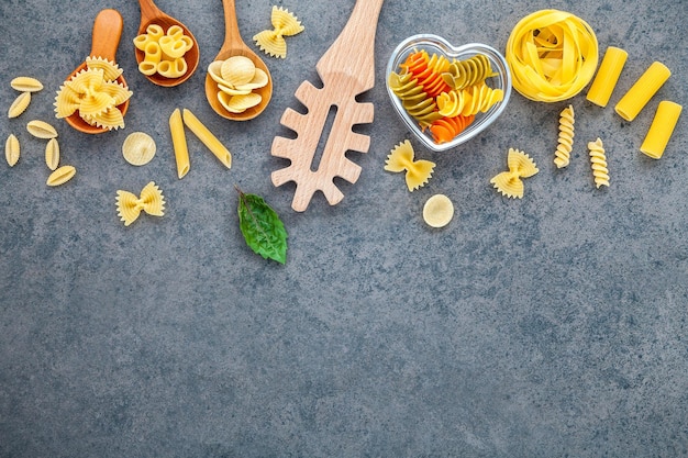 Photo directly above view of uncooked pasta on table