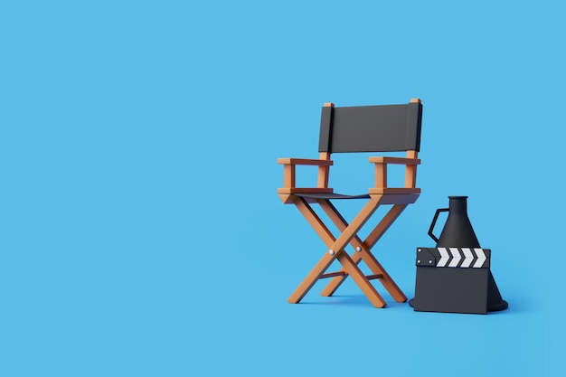 Director chair clapperboard and megaphone on blue background Movie industry concept Cinema production design concept 3d rendering illustration