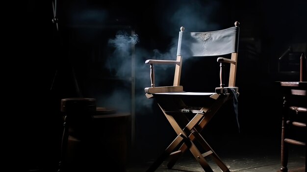 The director's chair stands in a beam of light with an backlight in dark room Free chair casting