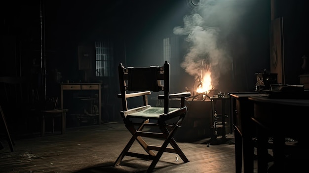 The director's chair stands in a beam of light with an backlight in dark room Free chair casting