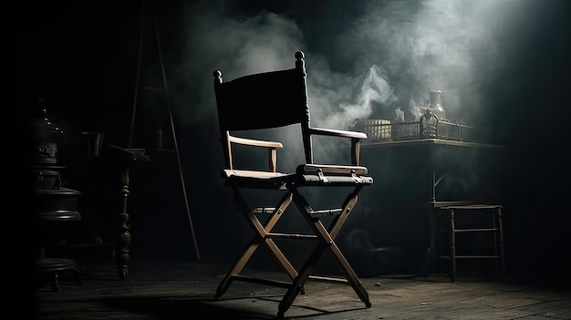 The director's chair stands in a beam of light with an backlight in dark room Free chair Concept