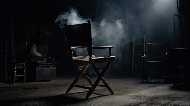 The director's chair stands in a beam of light with an backlight in dark room Free chair Concept