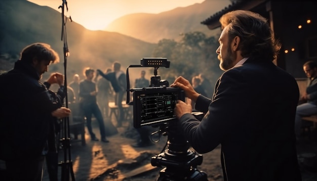 The director works with a group or with a playback while filming a movie advertising or a TV series