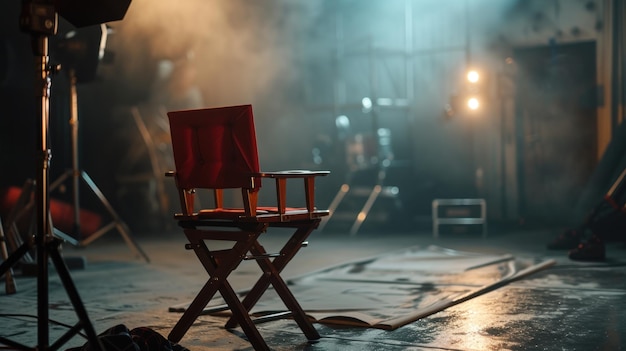 Foto la sedia del regista sul set, lo sfondo della produzione sfocato.