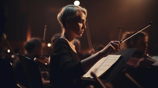 Foto dirigent vrouw blank volwassen een orkest leiden tijdens een repetitie of uitvoering in een concertzaal generatieve ai aig22