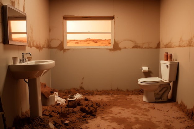 Foto un bagno sporco, un giocattolo sporco, un lavandino sporco, un bagno marrone generato dall'intelligenza artificiale