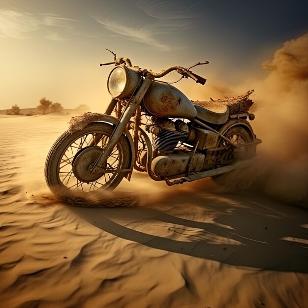 a dirt bike is in the desert and is about to go through the sand