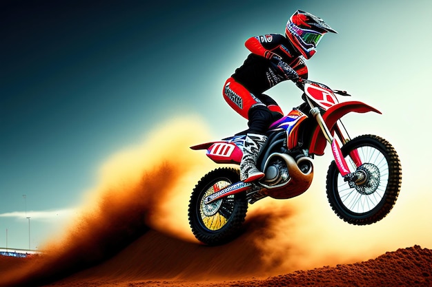 Dirt bike rider doing a big jump Supercross motocross high speed Sport concept Digital art