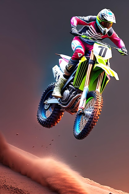 Dirt bike rider doing a big jump Supercross motocross high speed Sport concept Digital art