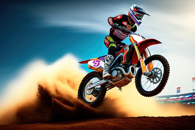 Dirt bike rider doing a big jump Supercross motocross high speed Sport concept Digital art