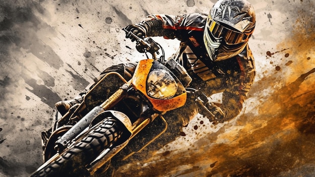 A dirt bike rider is racing in a painting with the word dirt bike on it.