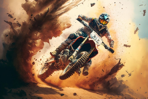 A dirt bike rider is racing through a dirt track.