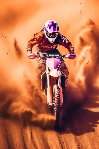 A dirt bike rider is riding through a dust storm.