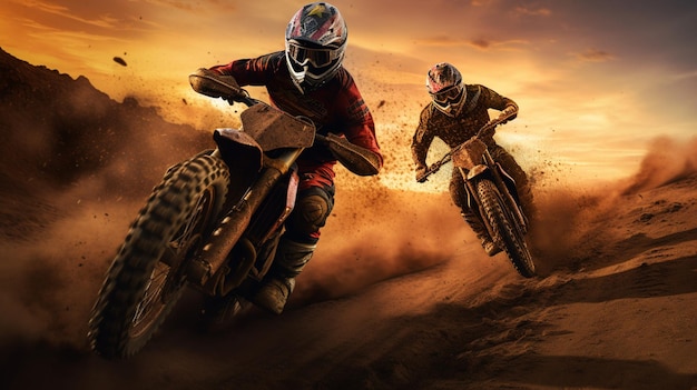 Dirt bike riders in the desert at sunset on a sunny day generative ai