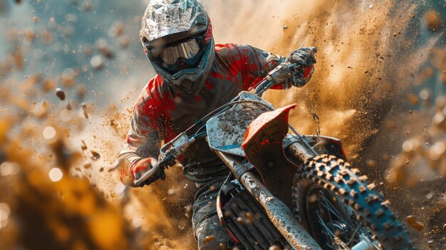 Photo dirt biker performing a daring jump mud splatter action shot photorealistic hd