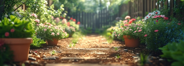사진 비 꽃 을 가진 정원 을 따라 길