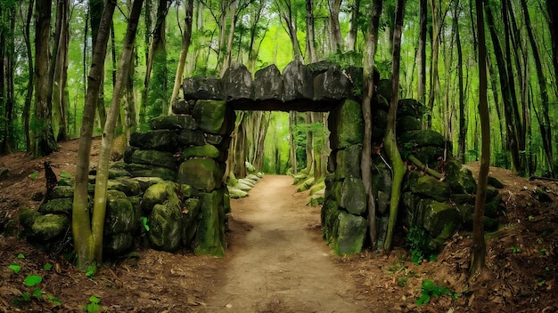 Dirt path in a forest park passing through a stone ark in serra do portugal