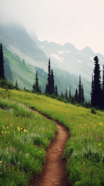 a dirt path through a grassy hill with tall trees