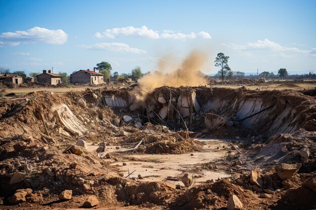 a dirt pit in the middle of an open field with buildings and trees in the background is blue sky