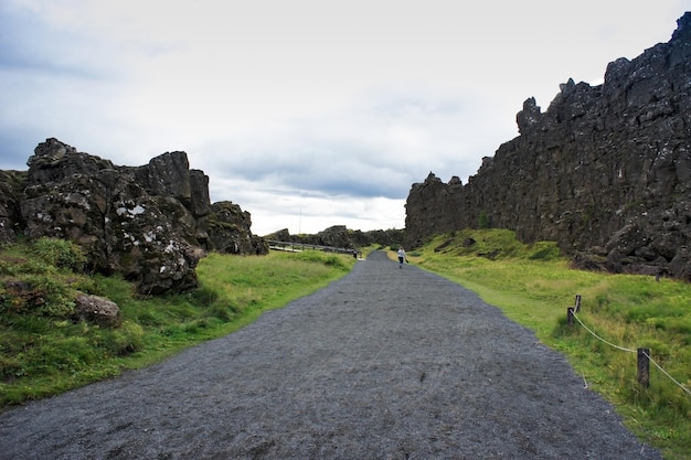 Dirt road along rocks and bright green grass against a cloudy sky in Iceland Landscape