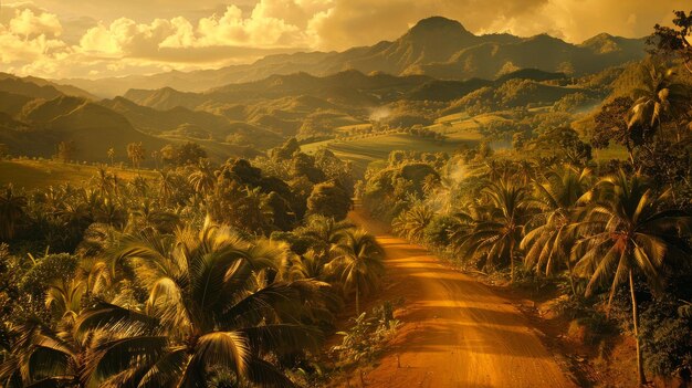 Dirt Road Amid Palm Trees and Mountains