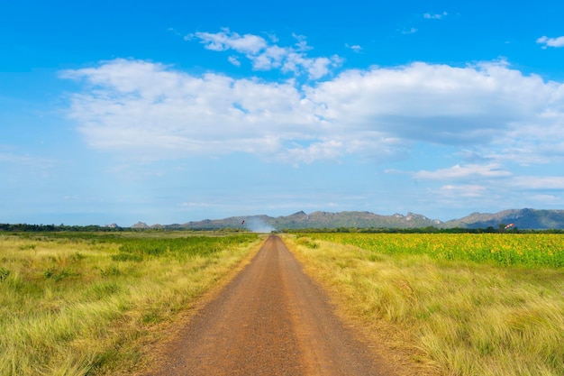 Dirt road amidst field against sky