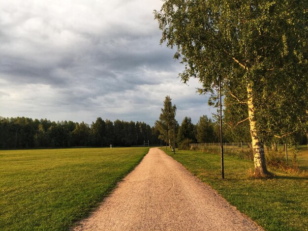 Dirt road amidst field against sky