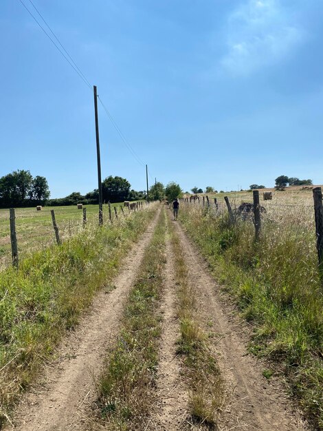 Dirt road amidst field against sky