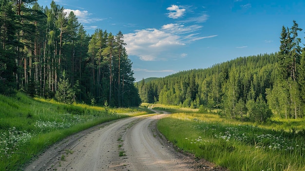 Dirt road in the coniferous forest Summer landscape