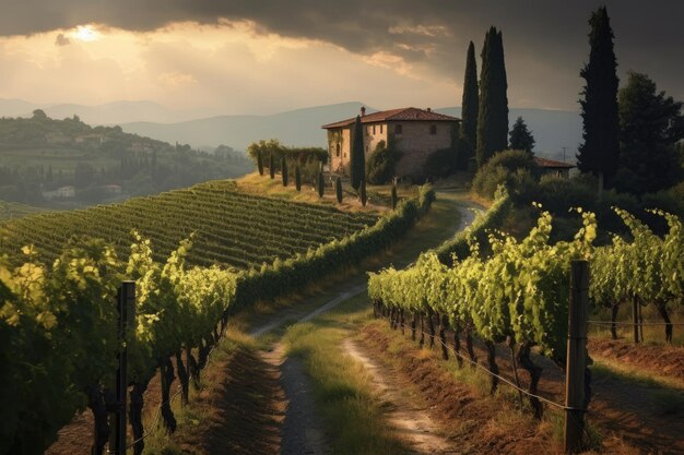 A dirt road creates a picturesque path through a lush and vibrant green vineyard A peaceful scene of a lush vineyard in the heart of Tuscany AI Generated