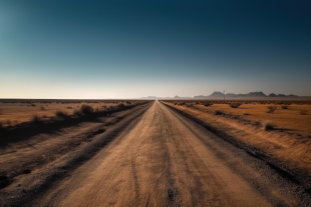 A dirt road in the desert with the mountains in the background