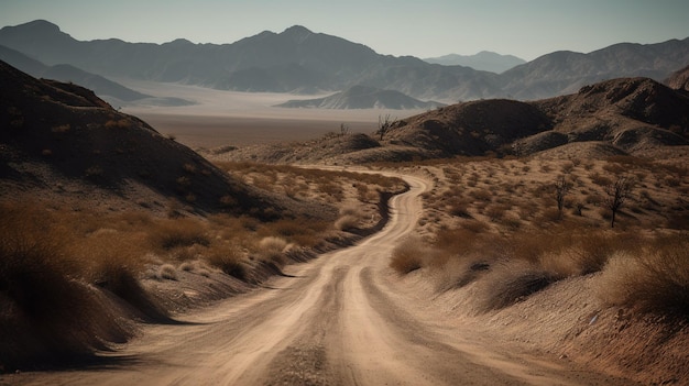 A dirt road in the desert with mountains in the background