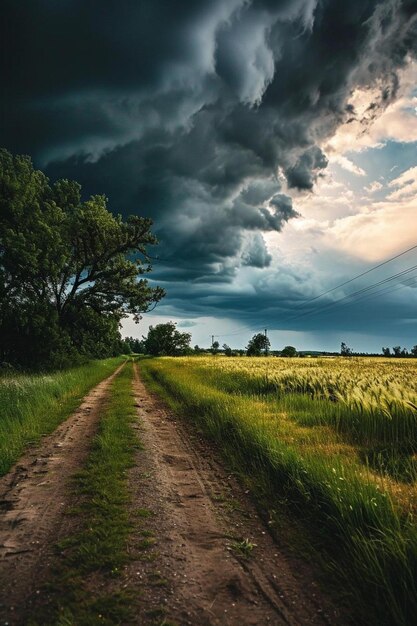 a dirt road in a field under a cloudy sky