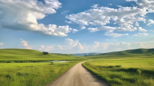 A dirt road in a field with a blue sky and clouds