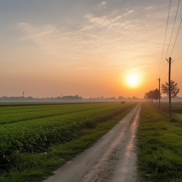 A dirt road in a field with a sunset in the background