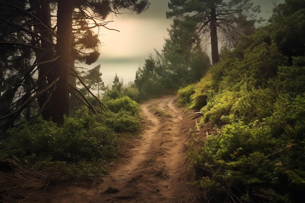 A dirt road in the forest with the sun shining on it.