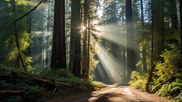 a dirt road in a forest with sun shining through the trees