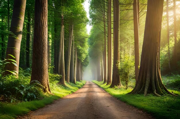 A dirt road in the forest with trees on the right side