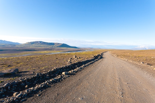 アイスランドの風景、Hvitarvatnエリアからの未舗装の道路。透視図の道路。