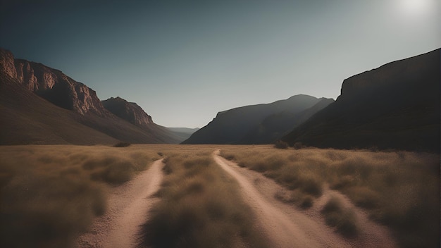写真 背景に山がある砂漠の未舗装の道路3dレンダリング