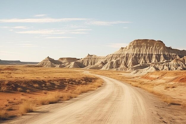 Photo a dirt road is empty and has a desert in the background