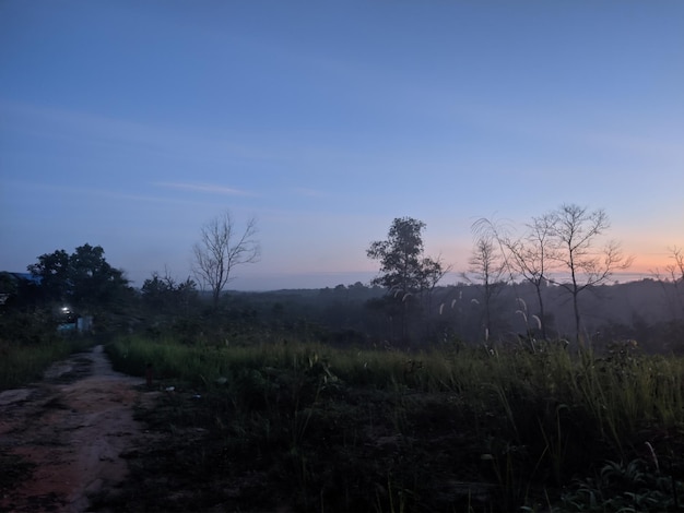 A dirt road is shown with a sunset in the background.