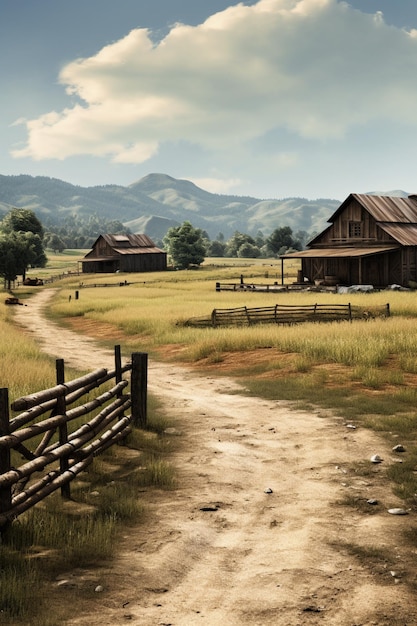 dirt road leading to a farm with a wooden fence and a barn generative ai