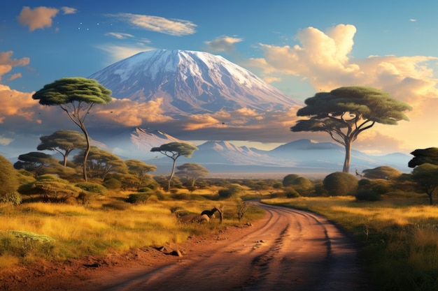 Photo dirt road leading to mount kilimanjaro generative ai