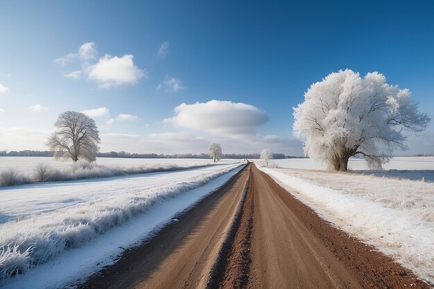Фото Грязная дорога, ведущая в замороженный лес вдоль заснеженных сельскохозяйственных угодий под голубым небом