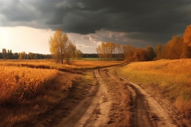 未舗装の道路は木々や雲を背景にした野原に通じています